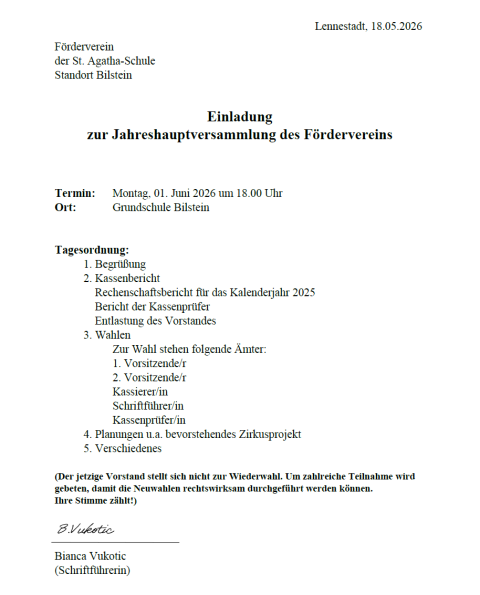 Wichtige Jahreshauptversammlung: Der Förderverein der Grundschule Bilstein braucht ein neues Team!